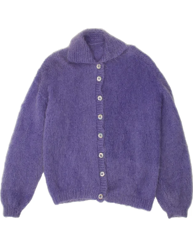 VINTAGE Womens Cardigan Sweater UK 16 Large Purple Ribbed Striped Patterned
