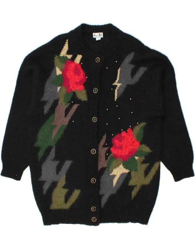 VINTAGE Womens Cardigan Sweater UK 22/24 3XL Black Floral Polyacrylic Iron Safe Non-Iron Wrinkle Free