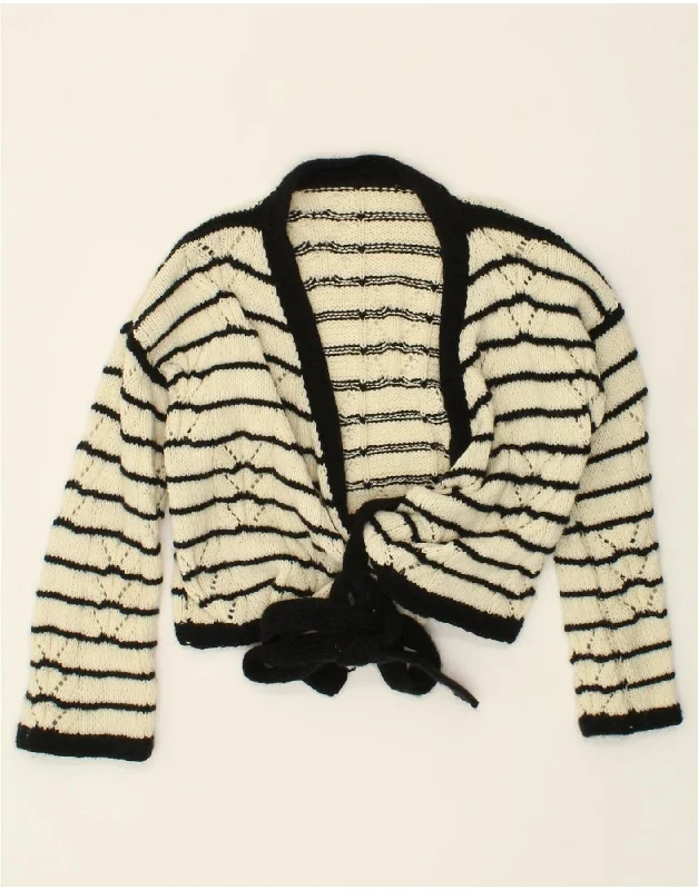 VINTAGE Womens Crop Cardigan Sweater UK 14 Large Off White Striped Spandex Rayon Corduroy