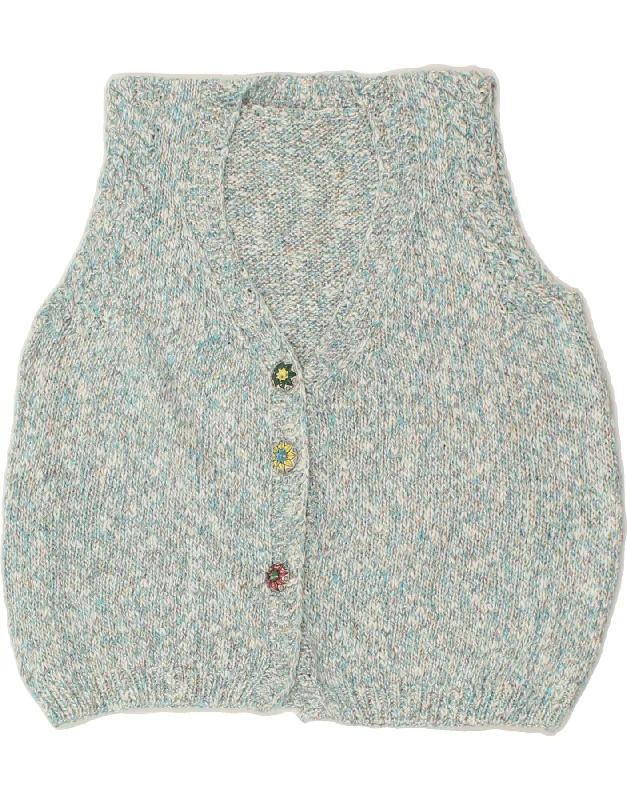 VINTAGE Womens Crop Sleeveless Cardigan Sweater UK 14 Medium Blue Flecked Thin Thick Dense