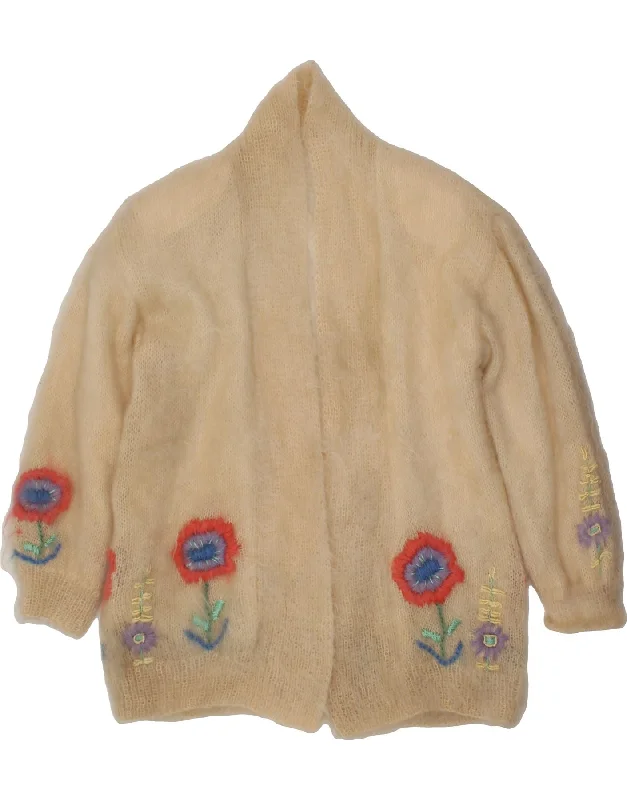 VINTAGE Womens Longline Open Cardigan Sweater UK 16 Large Beige Floral Layered Multi-layer Single Layer