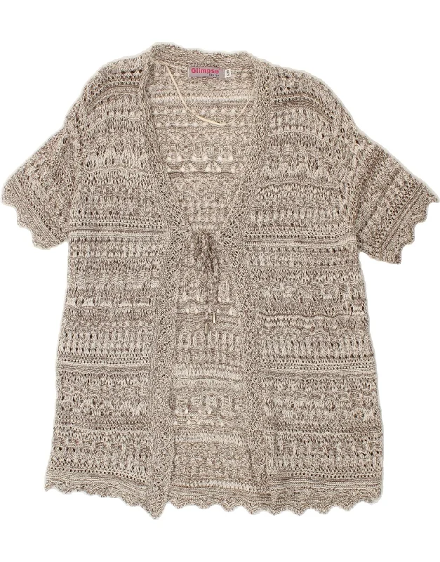 VINTAGE Womens Short Sleeve Cardigan Sweater UK 10 Small Grey Fair Isle Nylon Fabric Polyester Fabric Spandex Fabric