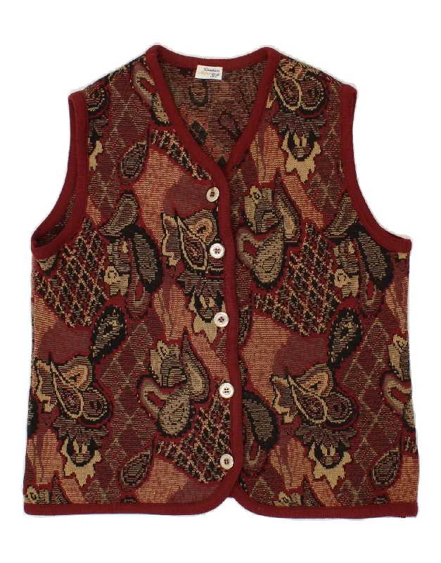 VINTAGE Womens Sleeveless Cardigan Sweater IT 44 Medium Red Paisley Wool Handmade Hand-knitted Hand-woven
