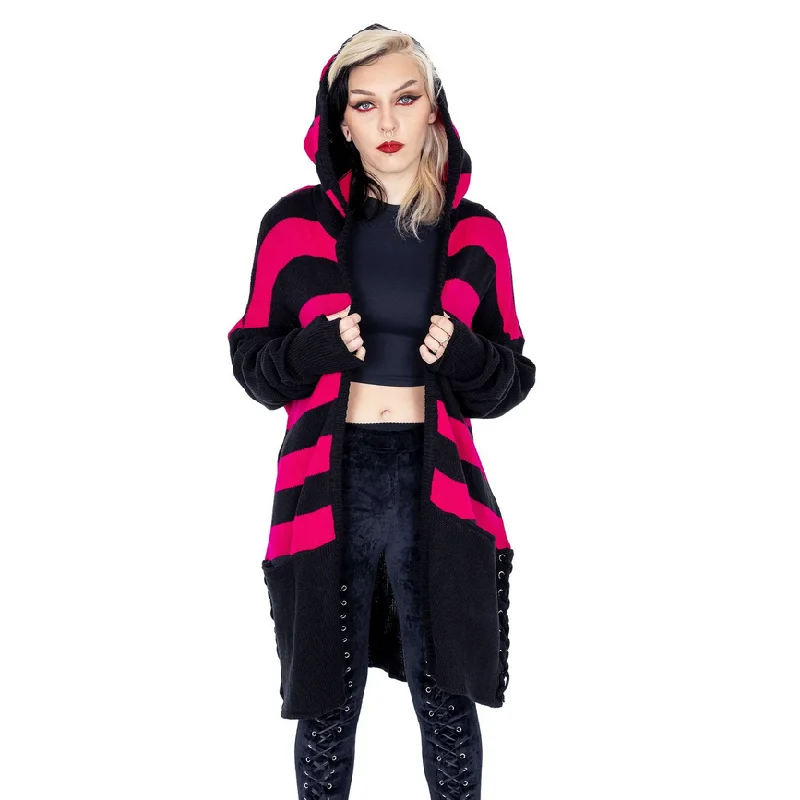 WILLA CARDIGAN - BLACK/DARK PINK Ribbed Striped Patterned