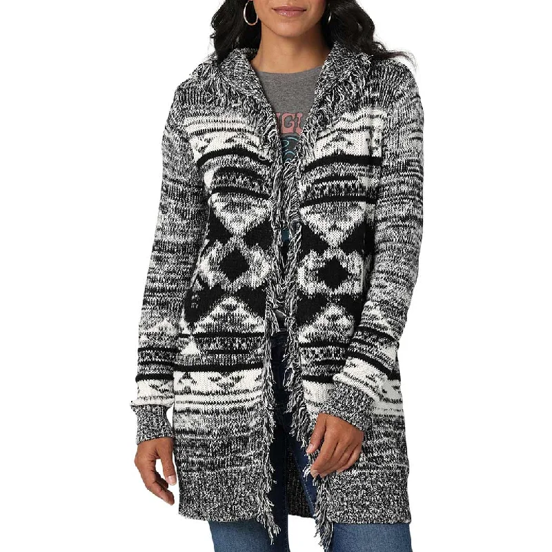 Wrangler Women's Southwestern Hooded Fringe Cardigan Cashmere Blend Cotton Blend Poly Blend