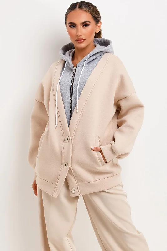 Zip Up Hoodie Cardigan Beige Denim Fabric Leather Fabric Suede Fabric