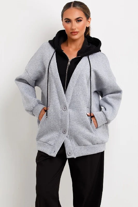 Zip Up Hoodie Cardigan Black Wool Fabric Cashmere Fabric Tweed Fabric