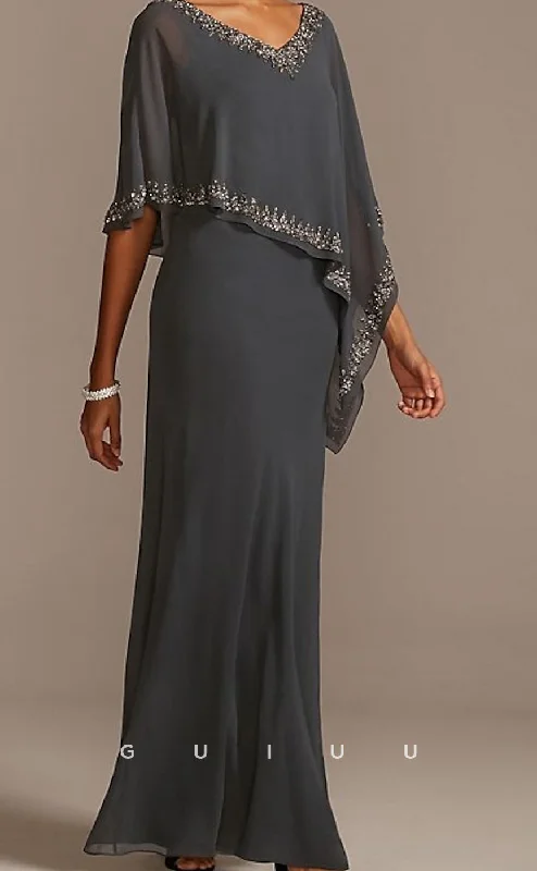 GM040 - Sheath V Neck Floor Length Chiffon Half Sleeve Beaded  Mother of the Bride Dress Cape Dress Wedding Guest