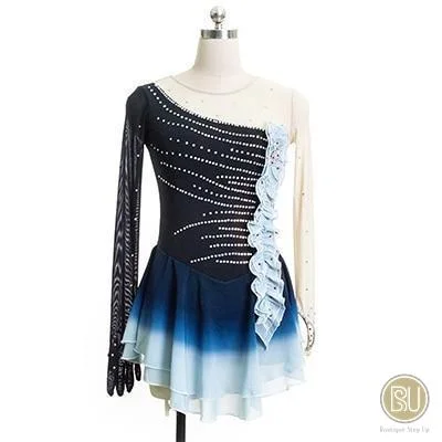 Figure Skating Dress One Black Sleeves with Gloves Black Navy Ombre