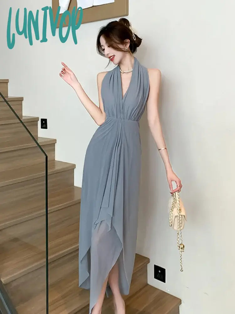 Lunivop 2024 New French Summer Vintage Slim Sleeveless V Neck Strapless Long Dresses Sexy Fashion Backless Irregular Women's Prom Dress