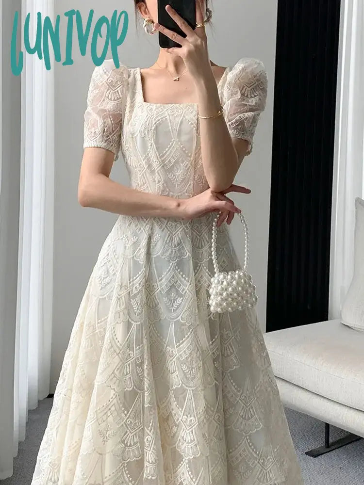 Lunivop Elegant Beige Lace Long Dress for Women Princess Sleeve Vintage Fairycore Solid Square Collar Evening Party Prom Vestidos