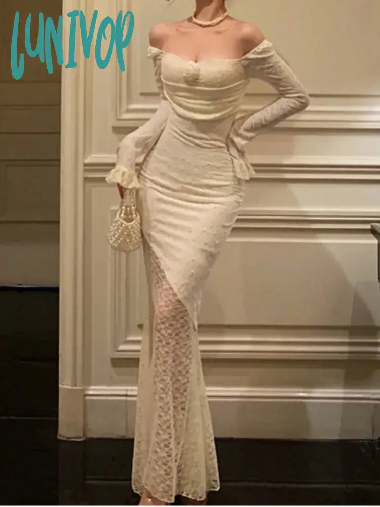 Lunivop Sexy Solid Lace Long Dresses For Women Off Shoulder Bodycon Mermaid Autumn Spring Birthday Evening Party Prom Robe Vestidos New