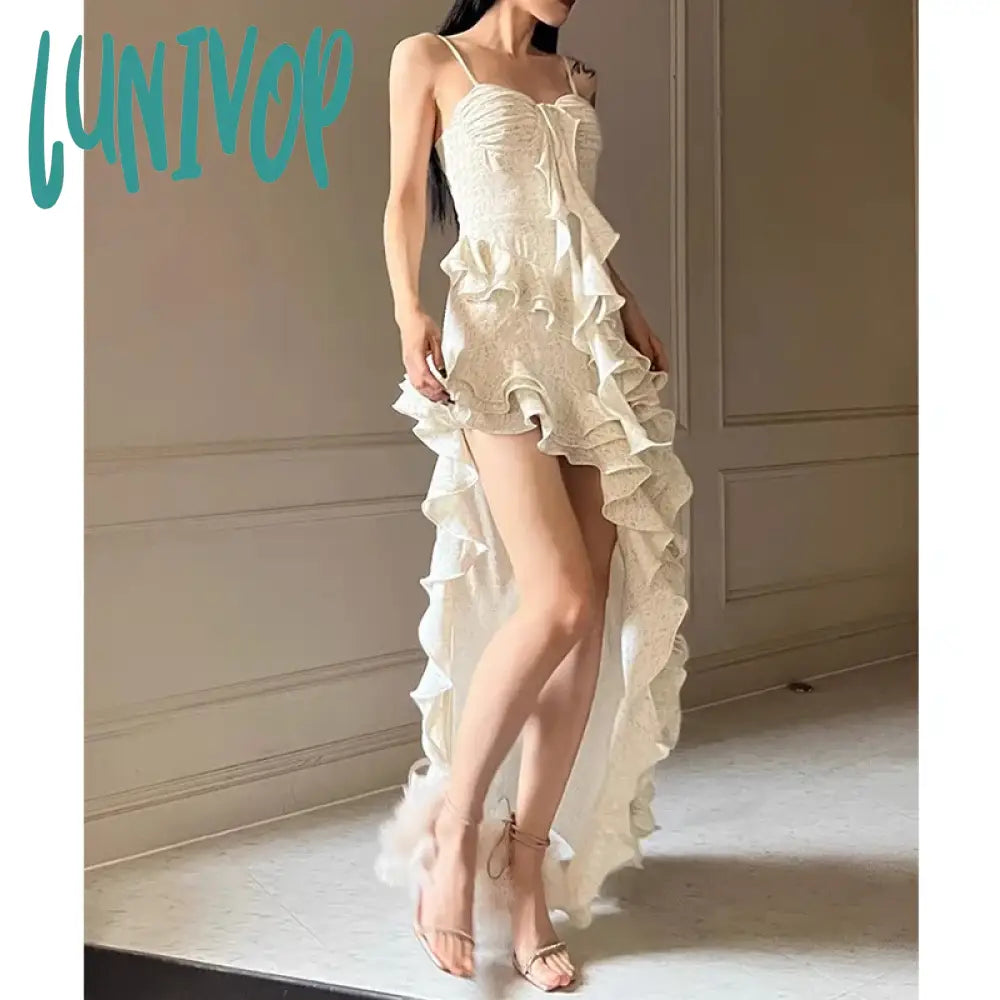 Lunivop Vintage Sexy Women Dress Bodycon Ruffles Spaghetti Strapped Elegance Ladies Dresses Evening High Waisted Party Clothing