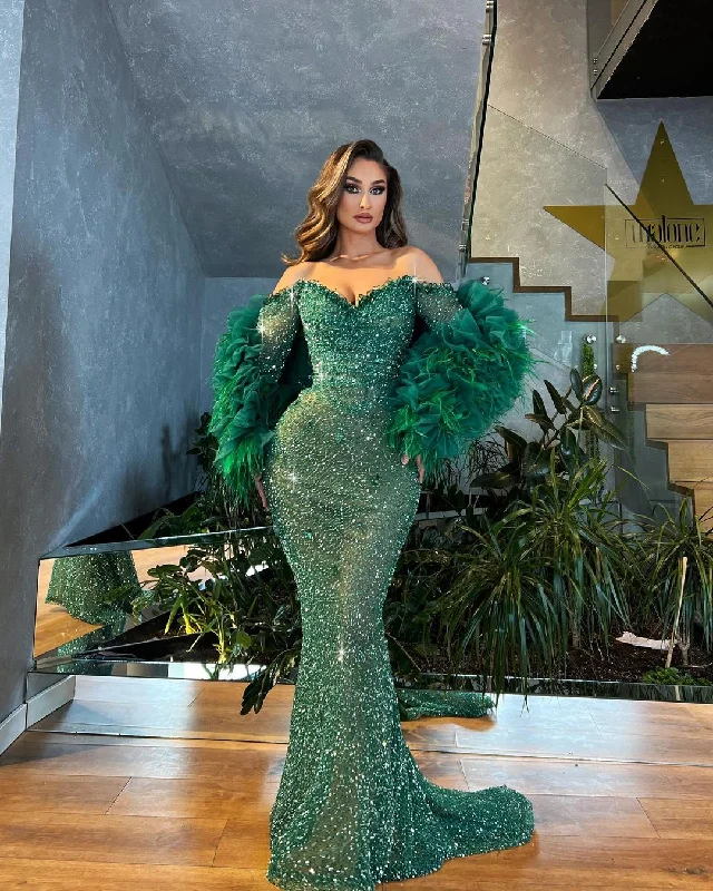 Off Shoulder Sleeves Green Beaded Dress with Feathered Cape