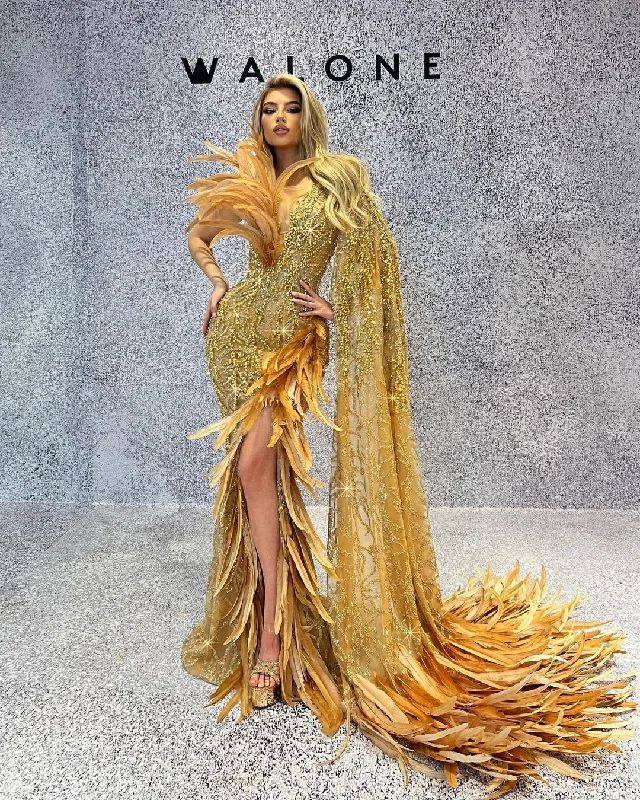 One Shoulder Cape Yellow Dress with Feathers