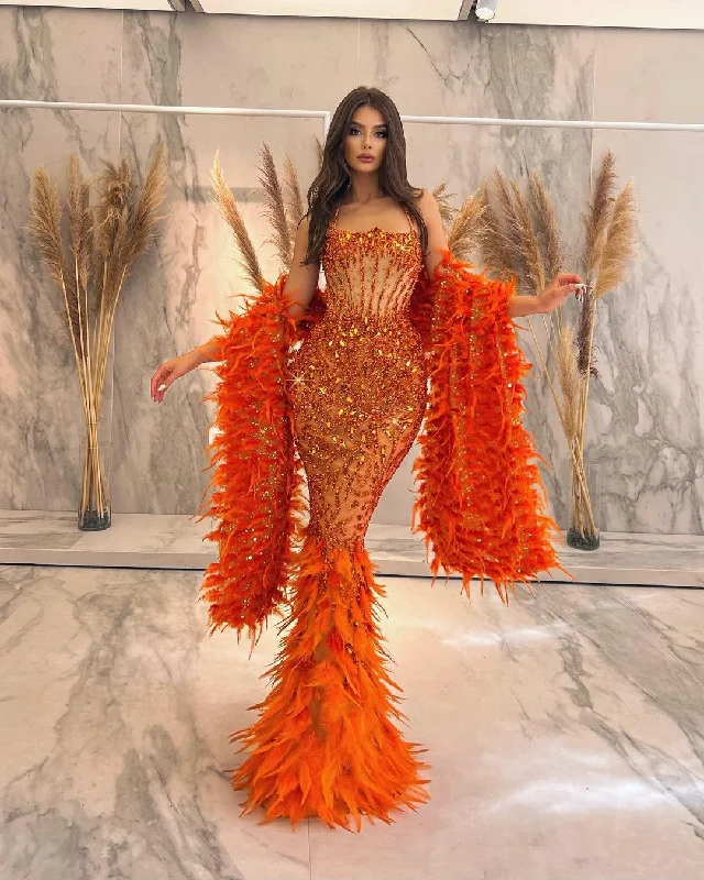 Orange Adorned Dress with Feathered Cape