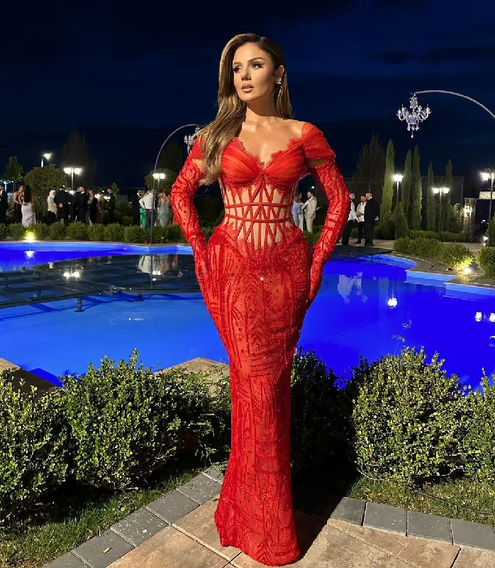 Red Beaded Dress with Boned Corset & Gloves