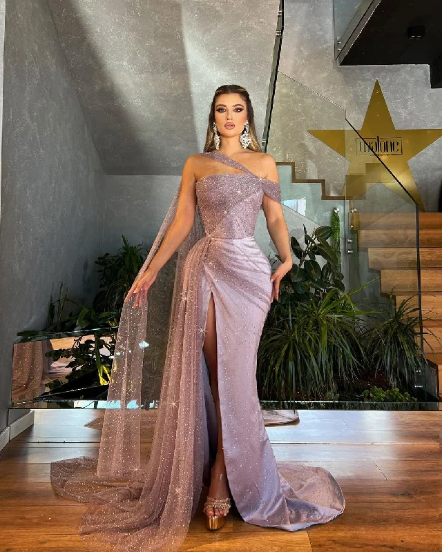 Side Slit Dress with Sparkling Shimmering Tulle Cape