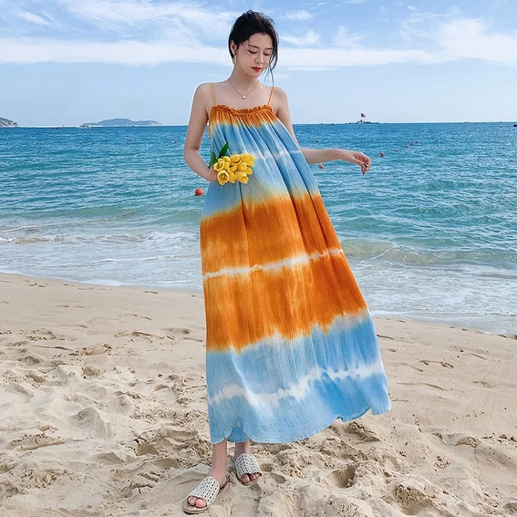 Tie-dye Sling Long Dress (Color:As Show Size:S)