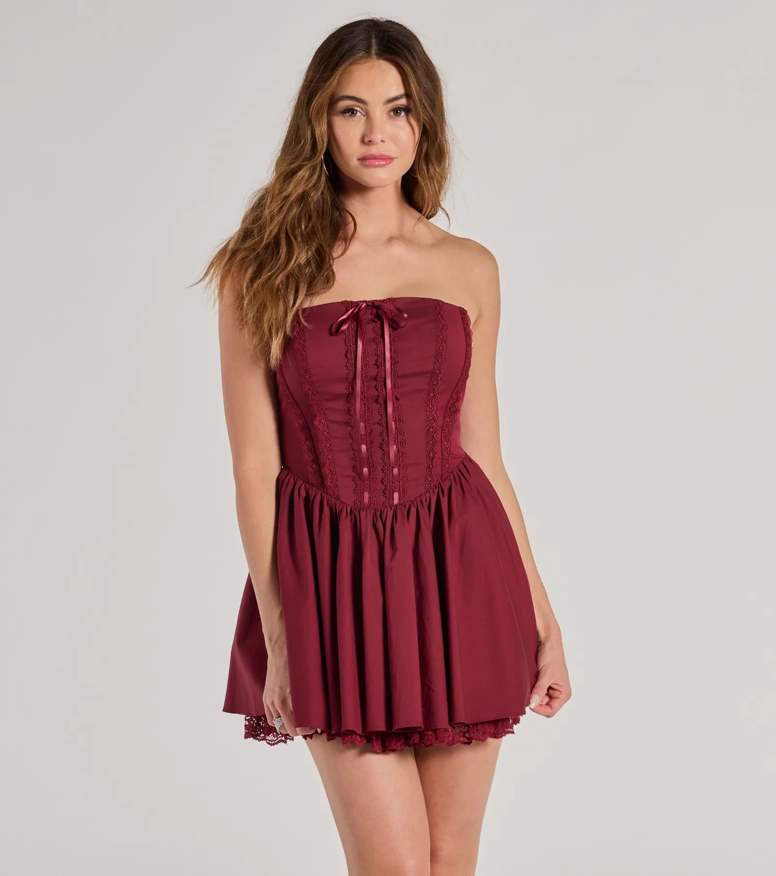 Adorably Flirty Lace Trim Drop Waist Skater Dress