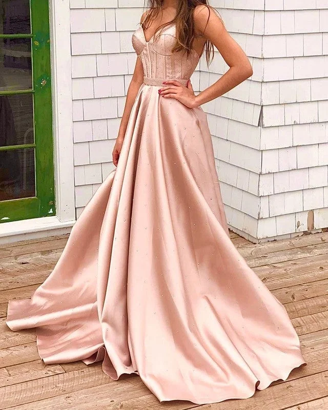 Spaghetti Straps V Neck Satin Prom Long Dresses Beaded Corset