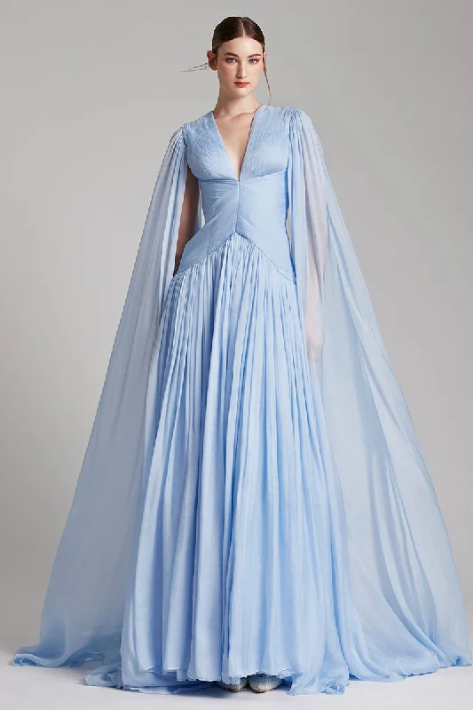 Cape Effect SIlk Chiffon Gown with Draped Bodice with side slit