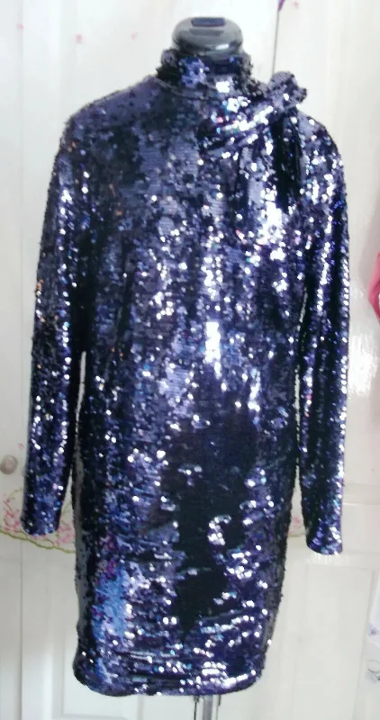 Exquisite SEQUIN BOW SHIFT DRESS,lined,midnight blue,LONGSLEEVE size12-rrp£99.99