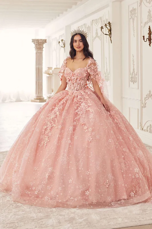 Ladivine 15719 Long Poofy Quinceanera Gown With Tulle Cape