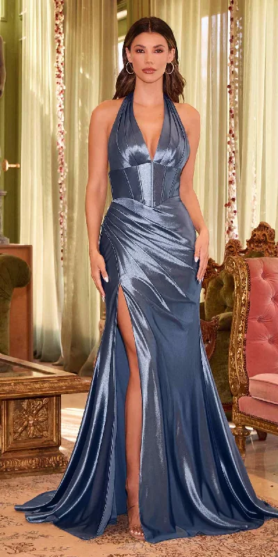 Ladivine CH048 Long V-Neck Halter Fitted Satin Corset Waist Gown