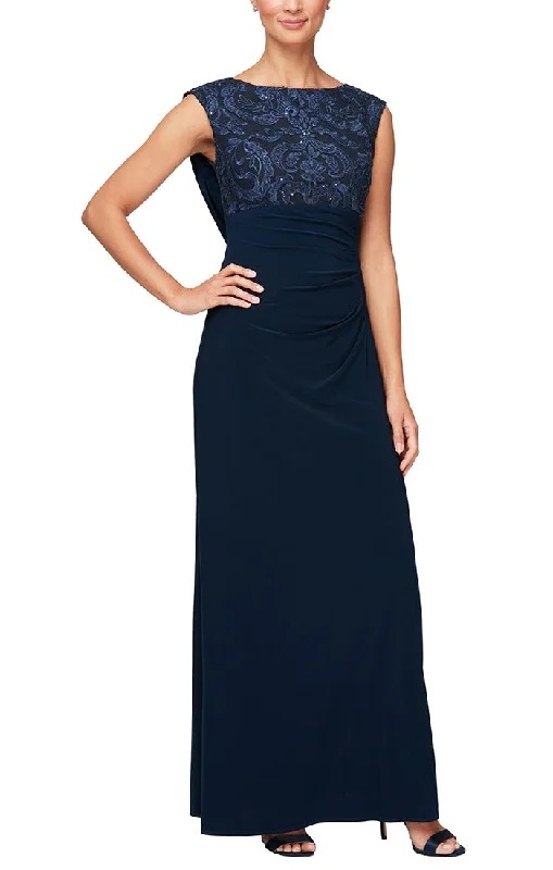 Cap Sleeve Empire Waist Dress with Matte Jersey Body and Cowl Back Detail with an Embroidered Sequin Lace Bodice