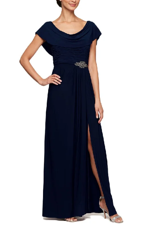 Long Cowl Neck A-Line Matte Jersey Dress with Pleated Bodice Detail, Cowl Back, and Embellishment Detail at Waist