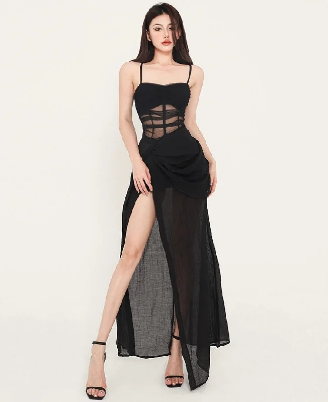 Mayleen Solid Color Black Mesh See Through Corset Spaghetti Strap Side Slit Long Dress