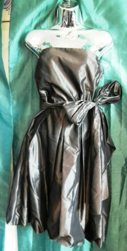 New gun metal taffeta kneelength WEDDING/PROm sash waist dress .sizeBUST 36"