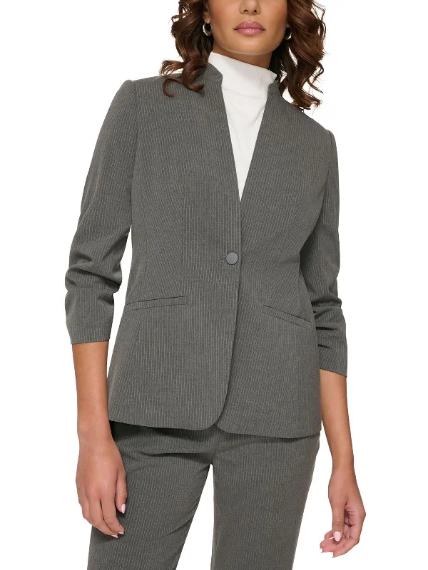 Petites   Womens Ruched Work Wear Collarless Blazer