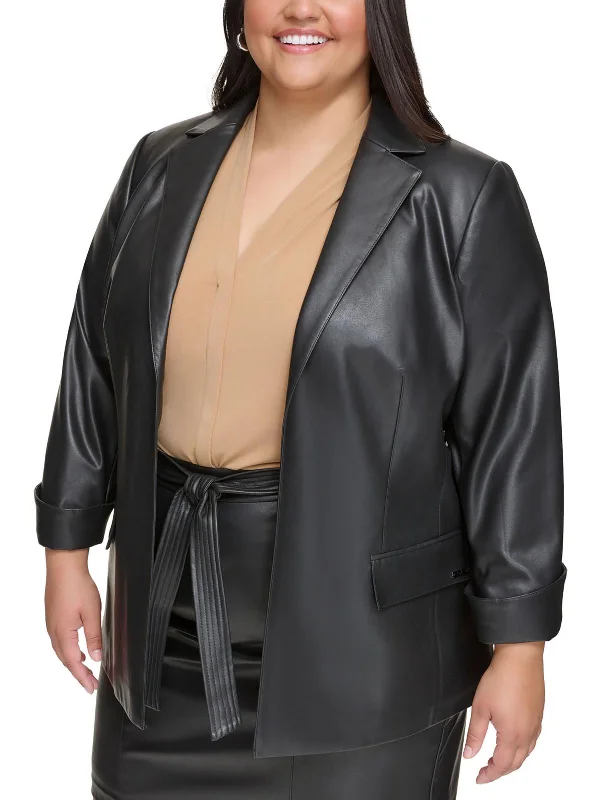 Plus Womens Faux Leather Suit Separate Open-Front Blazer