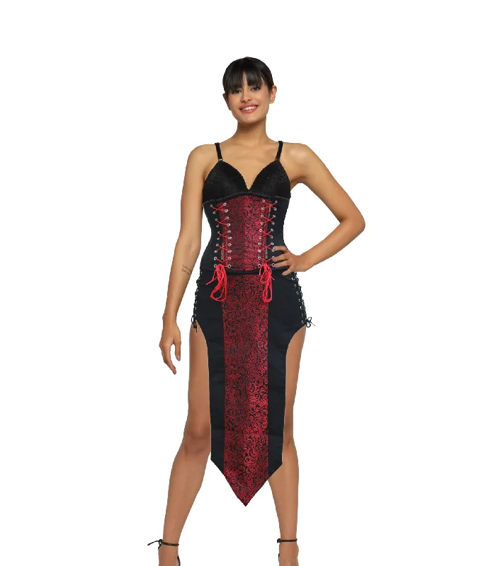 Red Brocade Black Suede Waist Reducing  Underbust Corset  Dress