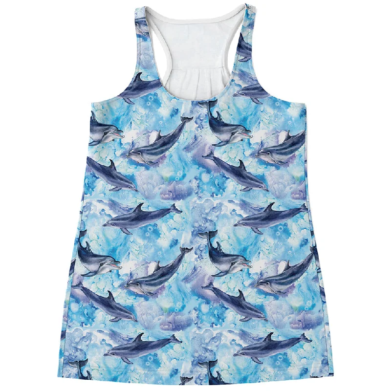 Watercolor Dolphin In The Sea Print Women's Racerback Tank Top