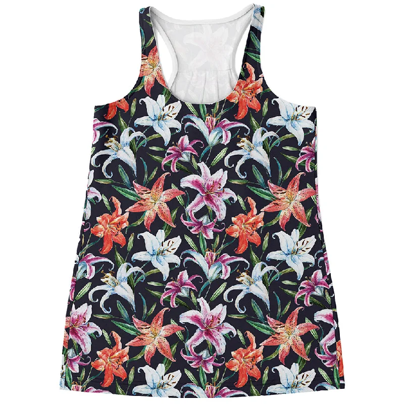 Watercolor Lily Flowers Pattern Print Women's Racerback Tank Top