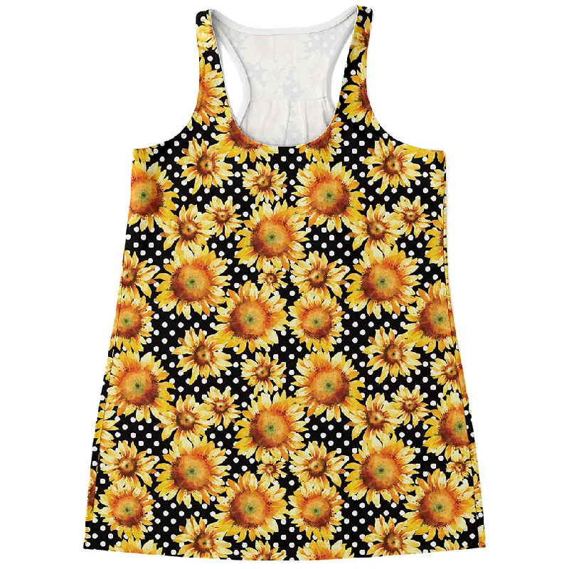 Watercolor Polka Dot Sunflower Print Women's Racerback Tank Top