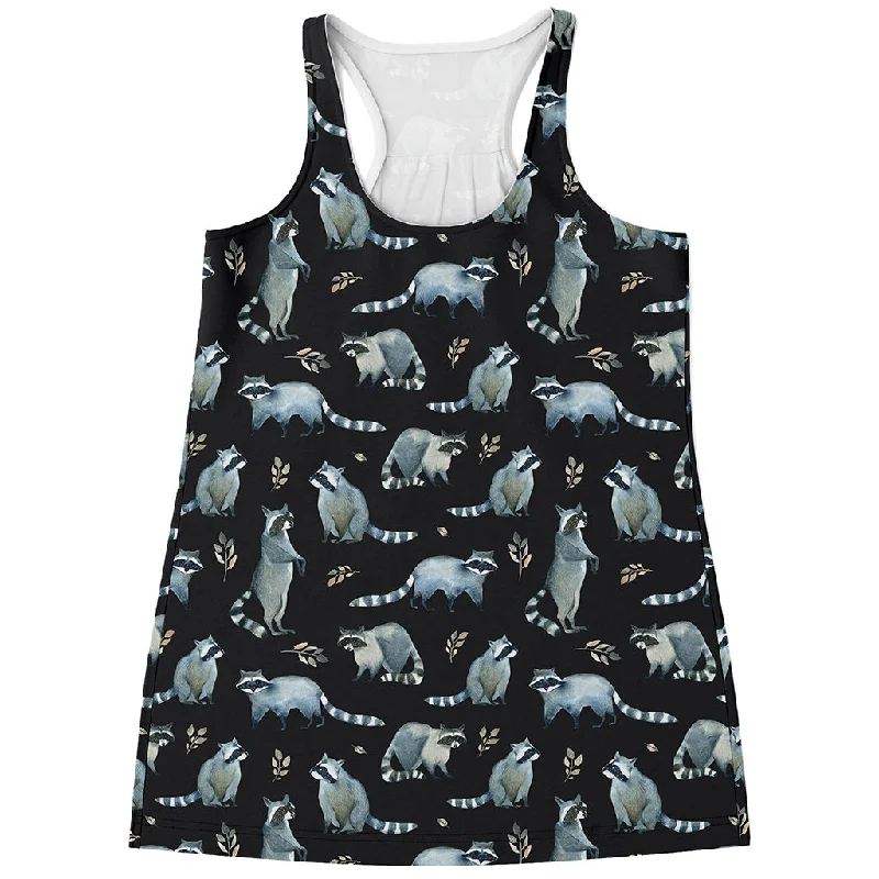 Watercolor Raccoon Pattern Print Women's Racerback Tank Top