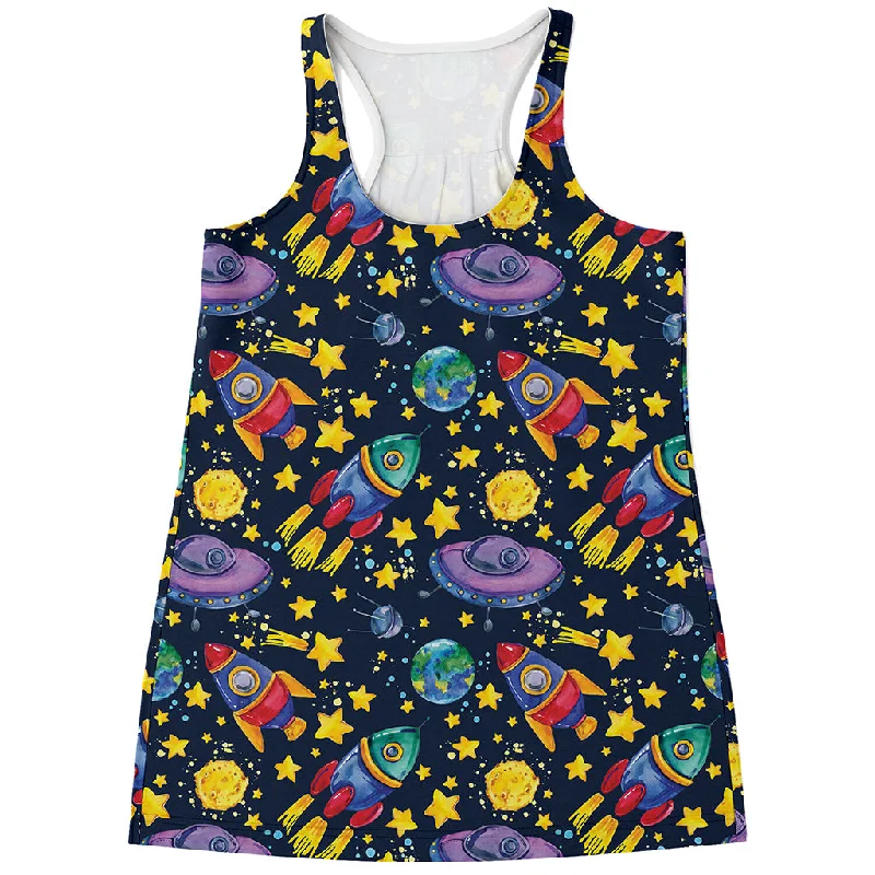 Watercolor Rocket Pattern Print Women's Racerback Tank Top