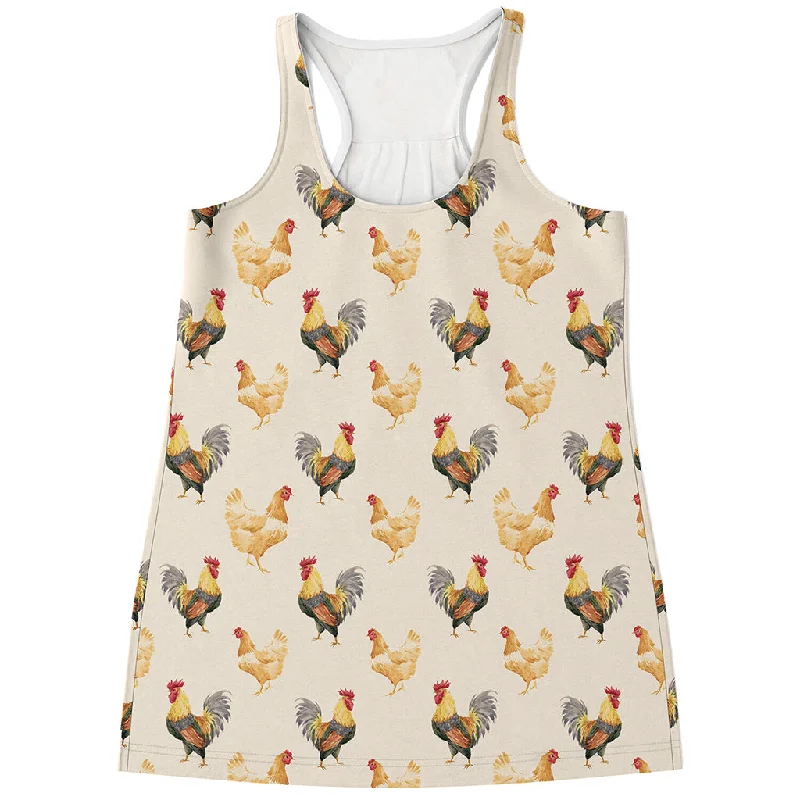 Watercolor Rooster Pattern Print Women's Racerback Tank Top